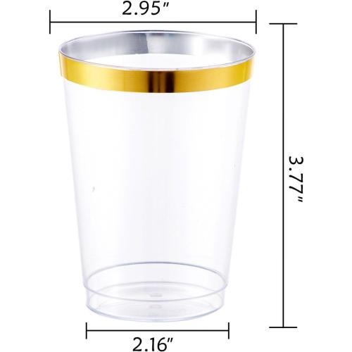 I00000 100PCS Gold Plastic Cups,10 oz Clear Plastic Cups with Gold Trim, Beer Mugs，Disposable Hard Cup For Party, Premium Cup Perfect for Wedding & Party