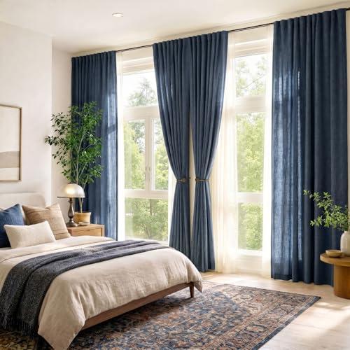 jinchan Burlap Linen Textured Curtains 90 Inches Long Blue Curtains for Living Room Light Filtering Farmhouse Curtain Panels Semi Sheer Country Rustic Window Drapes for Bedroom Rod Pocket 2 Panels