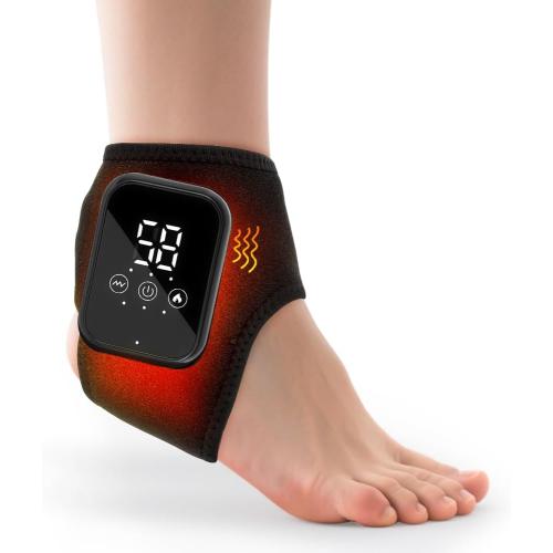 Ankle Heating Pad, Cordless Ankle Massager for Pain Relief, Heated Foot Brace Wrap with 3 Temperature Levels and 3 Vibration Modes for Men and Women, Auto Shut Off