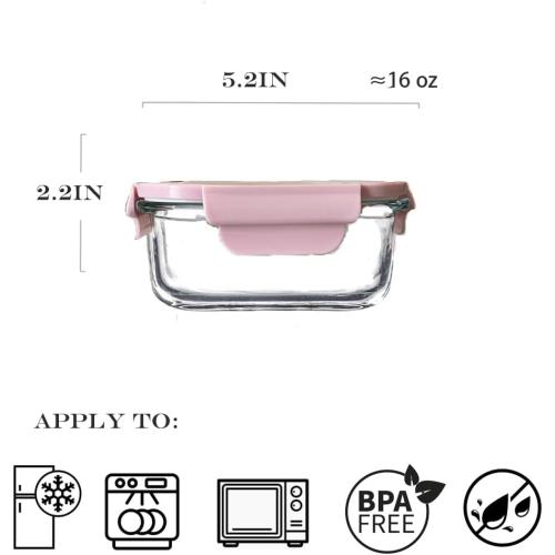 Square 2cup Glass Food Storage Containers with Airtight Lids, 16oz Glass Meal Prep Containers, Square Food Bowl For Lunch, Fruit, Snack, Dishwasher Microwave Freezer Safe (Pink Green)