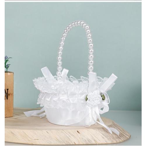 Wedding Flower Girl Basket with Pearl Handle,Satin Flower Storage Basket for Wedding Home Garden Decor (5835 Small, 1)