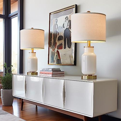 Color cream black and gold 21.25 Table Lamp Set of 2 Modern Lamp for Living Room Glass Nightstand Lamp for bedrooms,Desk,Farmhouse (Milky White)