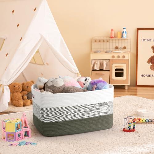 OIAHOMY Blanket Basket Laundry Basket Dog Toy Basket 75L Green/White | Large Storage Basket,Baby Basket,Toy Storage,Woven Rope Basket for Blankets,Blanket Storage for Living Room