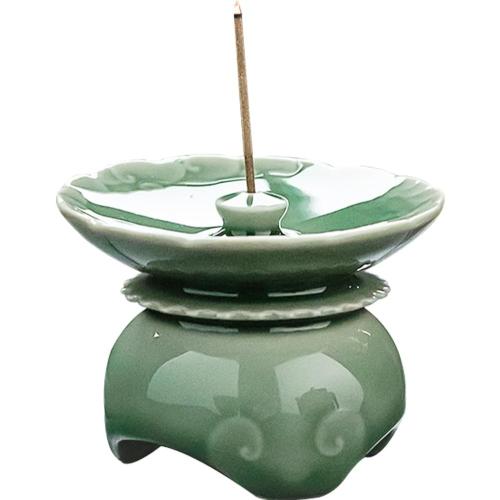 WAYUTO Celadon Incense Sticks Holder Chinese Style Incense Burner Handmade Incense Burner with Incense Ash Tray Auspicious Clouds Zen Decor Porcelain Three Legs Incense Holder for Medication Yoga