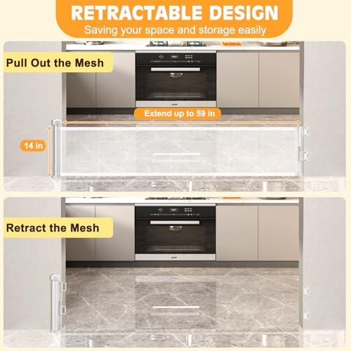 2 Packs Retractable Short Dog Gate - Small Puppy Mesh Safety Pet Gates Doggy Door for Doorways Stairs Kitchen Hallways Indoor, 14 Tall, Extends up to 59 Wide, White