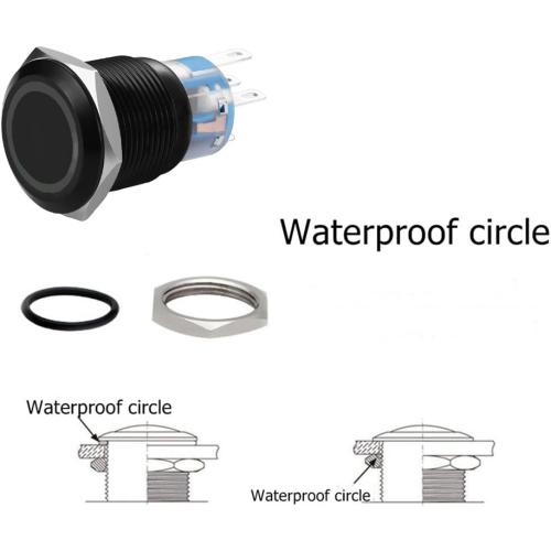 19mm Latching Push Button Switches SPDT ON/Off Waterproof Black Metal 12V Ring LED with Wire Plug (Red)
