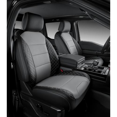 Color Black F150 Seat Covers, Custom Fit Ford 2021-2025 F150 XL XLT STX Super Crew Cab, 2023-2025 F250 F350 F450 XL XLT Crew Cab(NOT for 40/20/40 Bench Front Seat), Full Set, Leather, Black & Grey