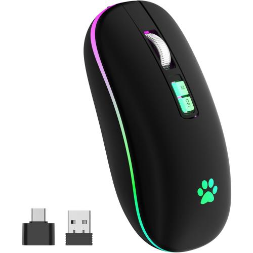 KARFUN Wireless Mouse, Backlit LED Portable Slim Computer Mouses for Laptop, PC, Computer, MacBook, iPad, Chromebook, Notebook, 2.4G Rechargeable Wireless Mouse (Black-Black Nose)