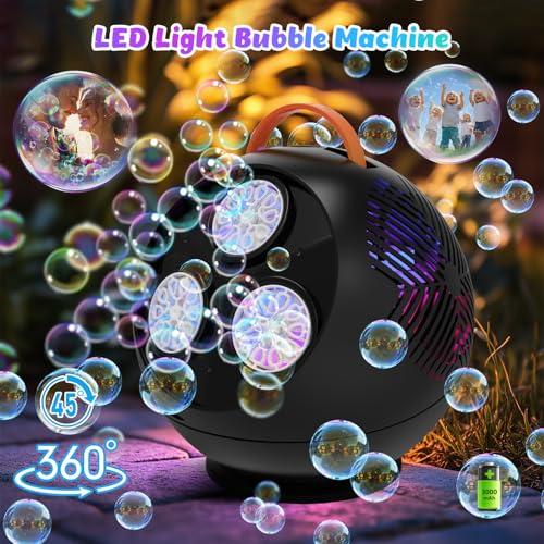 Bubble Machine for Kids, 45°/360° Rotating Bubble Blower with RGB LED Light