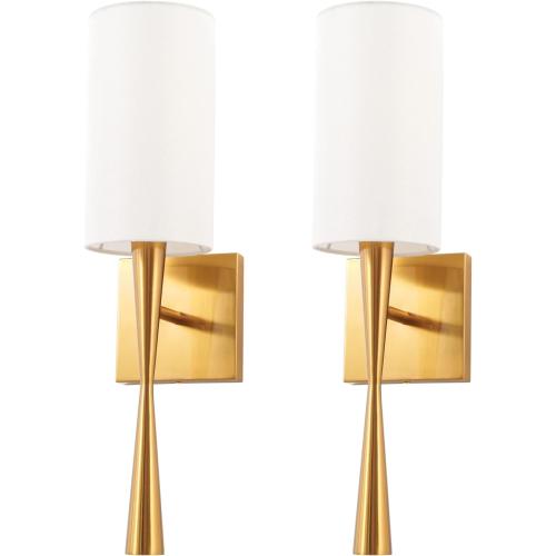 Modern Antique Brass Brush Paint Finish Wall Sconce Set of 2, with Creamy-White Fabric Straight Shade for Vanity Stairway Fireplace Kitchen Living Room Bedside
