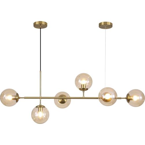 KCO Lighting Globe Linear Chandelier 6 Light Amber Glass Pendant Light Fixture Gold Kitchen Island Lighting Long Brass Sputnik Chandelier Dining Room Light Fixtures Over Table
