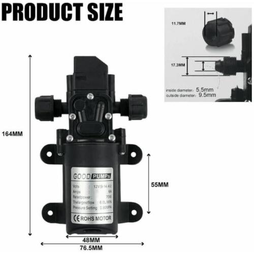 12 Volt Diaphragm Pump 70W Self Priming Pump 12V(9-14.4V) Amps- 6A- Rated power 72W- thelargestflow : 6L/MIN. pressure setting: 0.9MPA.