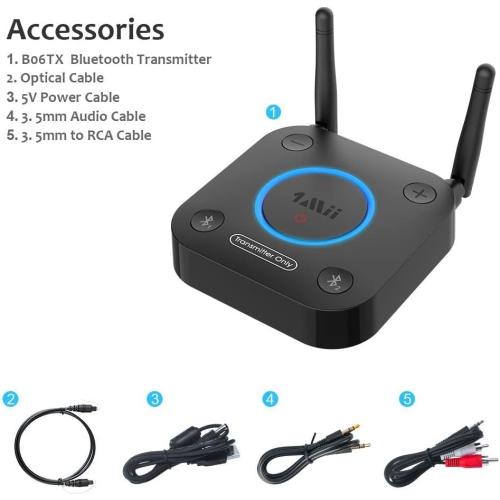Black B06TX 1Mii B06TX Bluetooth 5.2 Transmitter for TV to Wireless Headphone/Speaker, Bluetooth Adapter for TV w/Volume Control, AUX/RCA/Optical/Coaxial Audio Inputs, Plug n Play, aptX Low Latency & HD