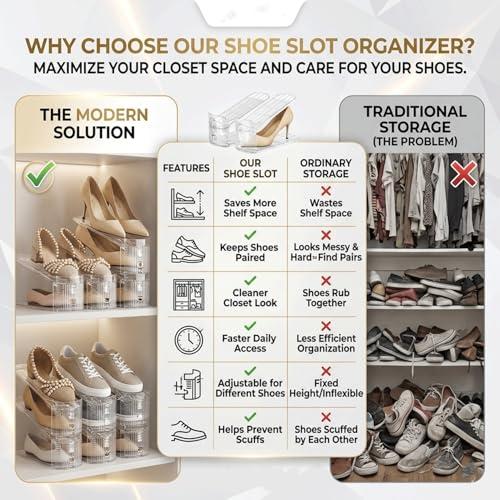 14 Pack Shoe Slot Organizer Space Saver, Adjustable 3-Height Levels Shoe Stacker for Closet Storage, Double-Layer Shoe Slots Rack Holder for Sneakers, Heels & Flats
