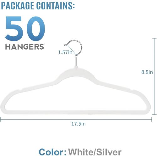 TIMMY Non-Slip Velvet Hangers - Suit & Coat (50-Pack) Ultra Thin Space Saving Heavy Duty Hangers Hold Up-to 10 Lbs - White/Silver