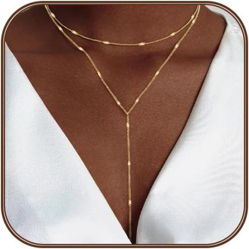 Airmb Lariat Silver/Gold Necklace for Women 925 Silver/14K Gold Plated Dainty Long Necklace Y-Shaped Drop Pendant Necklaces Choker Trendy Chain Simple Layered Necklaces CZ Jewelry for Women Set Gift