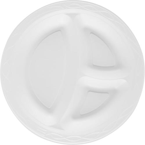 Restaurantware-RW Base 10.4 Inch Microwavable Food Plates, 150 Round Plastic Plates - 3 Compartments, Disposable, White Plastic Dinner Plates, Serve Hot And Cold Foods, For Restaurants And Cafes