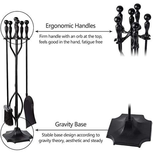 AMAGABELI GARDEN & HOME 5 Pcs Fireplace Tools Sets Black Handle Wrought Iron Large Fire Tool Set and Holder Outdoor Fireset Fire Pit Stand