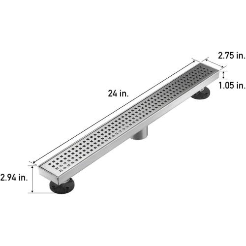 AVSIILE Linear Shower Floor Drain, Brushed Nickel 24 Inch 304 Stainless Steel Bathroom Drains Kit, Long Rectangular Shower Trench Drain with Square Pattern Drain Cover & Hair Catcher