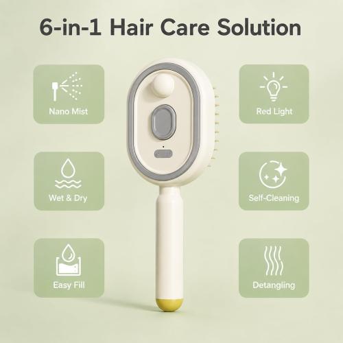 Electric Spray Air Cushion Massage Comb,Upgraded 5 in 1 Rechargeable Air Cushion Hair Brush, Retractable Self-Cleaning Steam Brush for Frizzy Hair & Scalp Care, Anti-Static & Detangling (Beige)