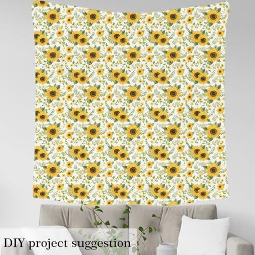 Watercolor Sunflower Fabric by The Yard,Yellow Flowers Rustic Plant Fabric by The Yard for Teens Craft Lover,Green Leaves Nature Lover Soft Polyester No Stretch Fabric Sewing,1 Yard