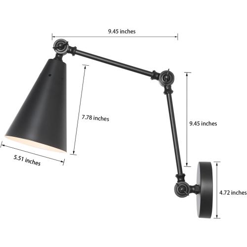 MWZ Black Swing Arm Wireless Rechargeable Sconces Set of 2,Battery Operated Dimmable 12 RGB Color Cordless Wall Lamp with Remote,Cone Indoor Non Hardwired Wall Mounted Light Fixture for Bedside