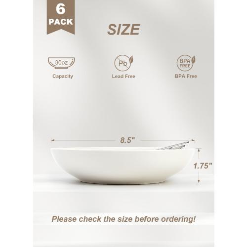 Quatish Pasta Bowls 30oz Set of 6, Salad Bowls Soup Bowl for Kitchen, Microwave & Dishwasher Safe, Large Porcelain Wide and Shallow Serving Bowl, White Dinner Plates, Dinnerware Set, Gift