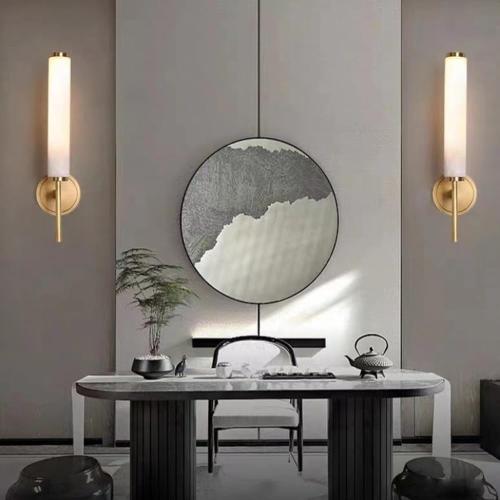 Alabaster Wall Sconce Light LED 3000K Warm Light Indoor Wall Decor Cylindrical Marble lampshade Wall Mount Lamp H65 All-Copper lamp Body for Kitchen Bedroom Living Room Vanity (Black)