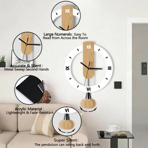 Modern Wooden Decorative Wall Clock with Pendulum, Minimalist Silent Non-Ticking Quartz Battery Operated,Roman Numeral Large Wall Clock for Living Room, Bedroom, Kitchen, Office