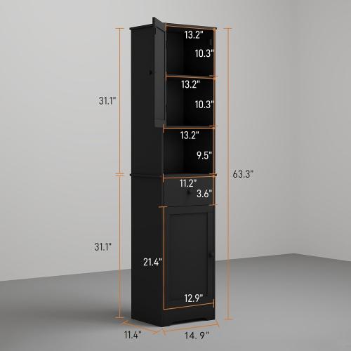 Size 14.96 W x 11.61 D x 63.38 H Color Black Tall Bathroom Cabinet, Storage Cabinet with 2 Doors & 2Drawer, with Ajustable Shelve, for Bathrooms, Kitchens,Entrances,Bedrooms（Black）