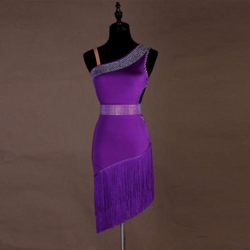 SizeM/L Latin Dance Dresses Women's Performance Spandex Tassel Crystals Rhinestones Sleeveless Dress