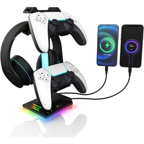 Headset and Controller Stand for Desk with Charging Hub - 2 USB   USB-C Ports, RGB Gaming Headphone Holder with 10 Color Modes, Desk Organizer for Earphone Support, PC Gamer Accessory Gift