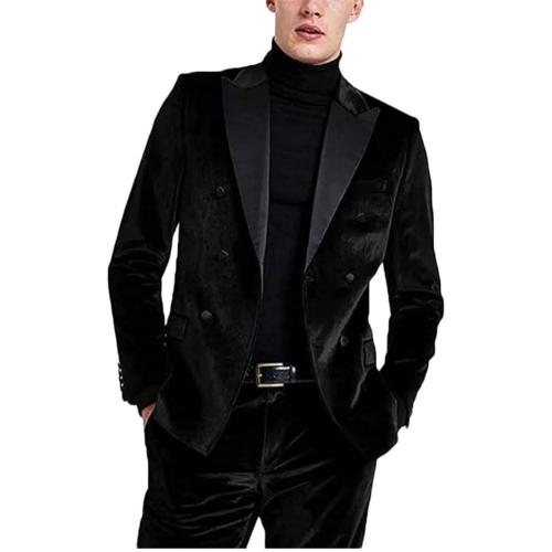 Mi Bo Tong Mens 2 PC Notch Lapel Velvet Suit Slim Fit Wedding Suits for Men Jacket Pants Prom Suit Dinner Suit