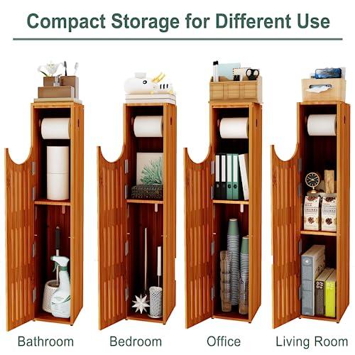 AmazerBath Bamboo Toilet Paper Holder with Storage, Bathroom Toilet Paper Storage Cabinet, Small Bathroom Storage Cabinet for Small Spaces, Slim Bathroom Storage Cabinet, 33x7.3x6.5 Inches, Brown