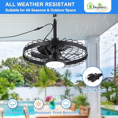 Depuley Outdoor Ceiling Fan with Light: 20 Inch Waterproof Gazebo Fans with Lights Outdoor Hanging - Plug in Remote App Control Caged Fans for Patios Pergola Porch Canopy - 6 Speed Black