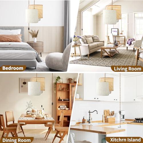 Boho Plug in Pendant Light, Stepless Dimmable Boho Chandelier with Bamboo Woven & Linen Fabric Shade, 11.2ft Plug-in Hanging Lamp Fixture for Hallway Kitchen Island Dining Room Bedroom(Not Bulb)