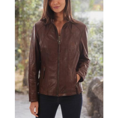 Size Medium Brown LL LEATHER LOVERS Women's Lambskin Leather Bomber Biker Jacket