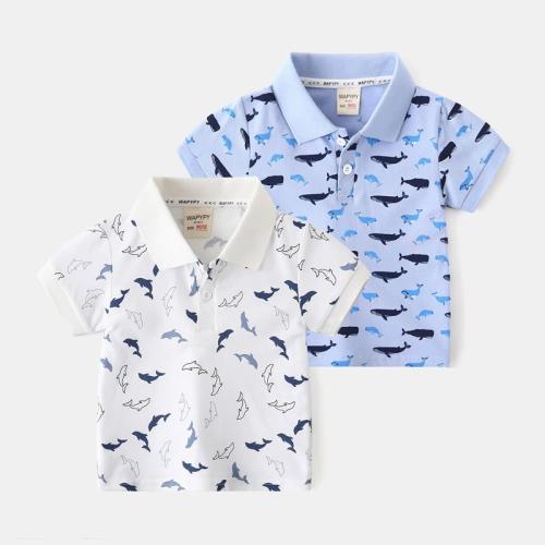 Size140/72 Color White WAPYPY Toddler Baby Summer Boys Polo T Shirt Collared Cartoon Print Button Polo Shirt Top Casual Sport Tee Kid Shark