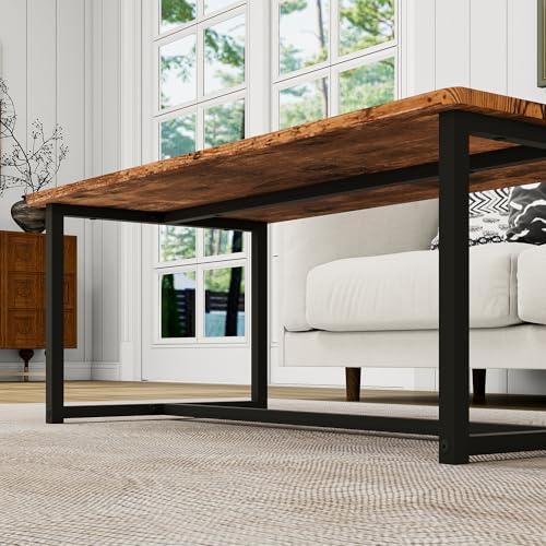 Coffee Table Rectangular Center Table for Living Room Open Space Side Table with Metal Frame, Easy Assembly, Black  Rustic Brown Wood Coffee Table