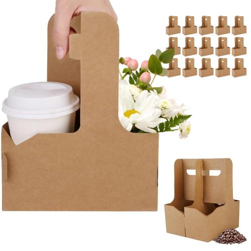 Bodaon 2 Cup Drink Carrier with Handle, 10 Pcs Cardboard Cup Holders, Disposable Drink Carriers for Delivery, Kraft Paper Coffee Cup Holder to Go, Take Out Cup Carriers for Hot/Cold Drinks