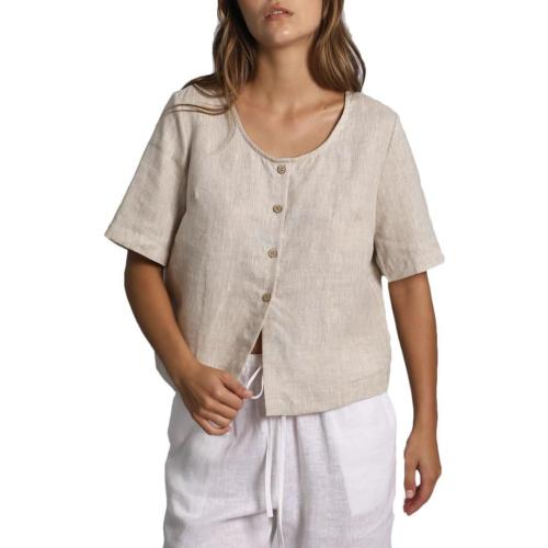 SIZE M...Womens 100% Linen Short Sleeve Blouse Square Neck Button Down Crop Tops