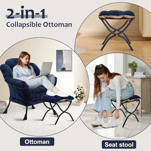 Fabric Lazy Chair with Ottoman, Oversized Upholstered Sofa Chair for Adults, Plush Comfy Lounge Chair with Large Side Storage Pocket, Reading Chair for Living Room, Bedroom, Office, Navy Blue