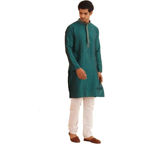 Sojanya Large (Since 1958 Men's Red Jacquard Silk Kurta & Churidaar Pyjama