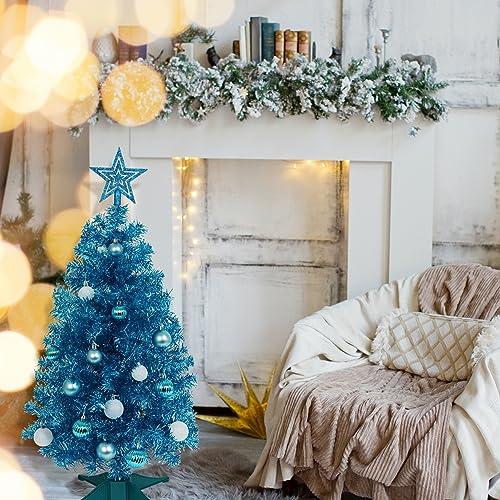 SUNSHINE DECOR Blue Christmas Tree with Light 3ft Artifical Full Christmas Tree with Ball & Star Ornaments 8 Lighting Modes for Holiday Decor