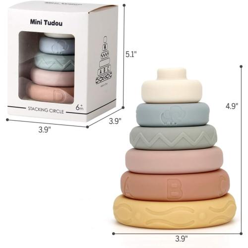 Mini Tudou 6 PCS Baby Stacking & Nesting Toys, Soft Stacking Blocks Ring Stacker, Baby Sensory Teether Toys with Letter, Animal and Shape, Early Learning Toys for Babies Toddlers Kids 6 Months