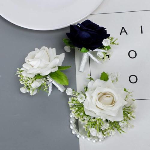 Corsage and Boutonniere Set,2PCS Artificial Rose Wrist Corsage Wristlet,for Wedding Bridal Bridesmaid Wrist Corsage Corsage Ball Decoration (Dark Blue)