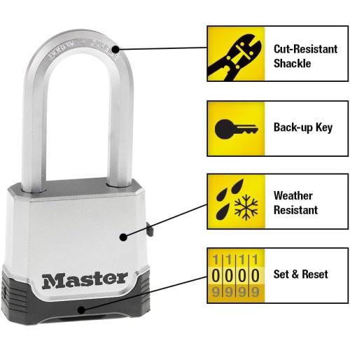 Master Lock Silver Outdoor Combination Lock, Heavy Duty Weather Resistant Padlock with Resettable Code and Cut Resistant Boron Carbide Shackle for Outdoor Use, M176XDLH