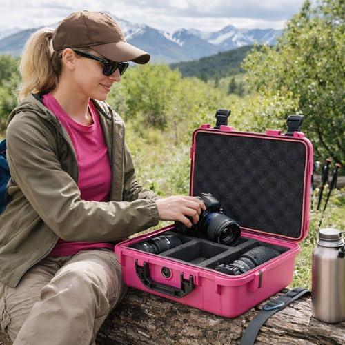Relaxweex 11.3 x 12.4 x 6.5 Inch Hard Case, Grid Shell, Rose Red | Waterproof Portable Protective Case with Knife, DIY Customizable Foam Insert, Camera Drones Equipment Tools Test Instruments