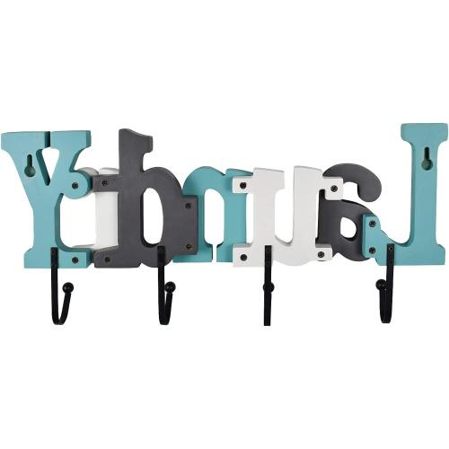 Linfevisi Wooden Laundry Sign Aqua Hanging Block Letters Sign Rustic Wood Word Decor Laundry Wall Sign Cutout Word Art Wall Decor Decorative Key Holder Hanger with 4 Hooks