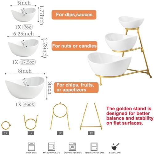 3 Tier Serving Bowls with Stand, Chips and Dip Serving Dishes Set for Entertaining Party, Ceramic Fruit Bowl for Salad Soup Snacks, Microwave & Dishwasher Safe
